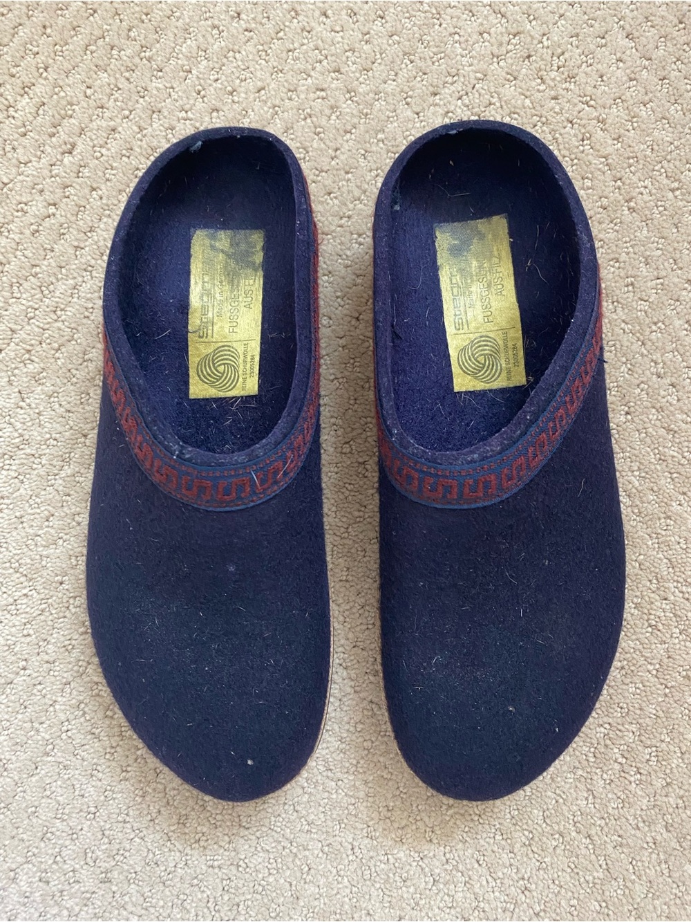 Stegmann Navy Wool Slip-On Clogs with Red Trim, Sz 6